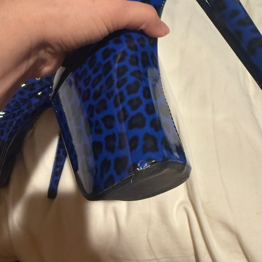 Cobalt blue leopard over the knee pole boots, size 6 - Picture 4 of 12